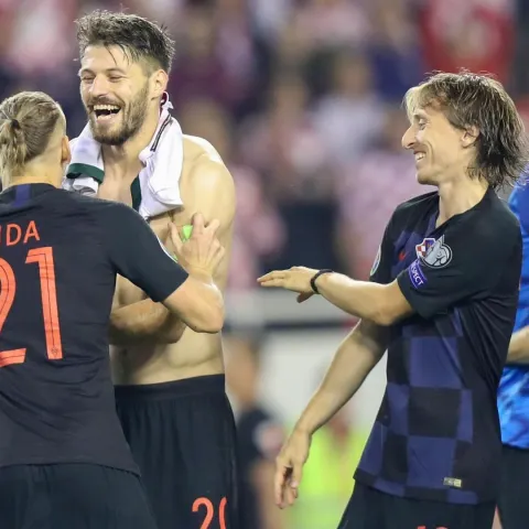 10.10.2019., stadion Poljud, Split - Kvalifikacijske za Europsko prvesntvo, skupina E, 6. kolo, Hrvatska - Madjarska. Domagoj Vida, Bruno Petkovic, Luka Modric Photo: Slavko Midzor/PIXSELL