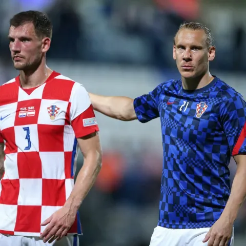 03.06.2022., stadion Gradski vrt, Osijek - Nogometna utakmica Lige nacija, Hrvatska - Austrija. Domagoj Vida, Borna Barisic Photo: Matija Habljak/PIXSELL