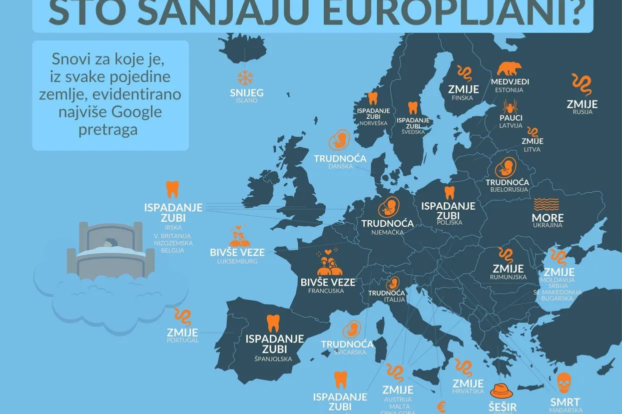 Infografika pokazuje pretrage Europljana na Googleu vezano uz snove. Najveci dio prema tome sanja zmije ili ispadanje zubi te prema tome pretrazuju znacenje svojih snova. Photo: Marko Picek/PIXSELL