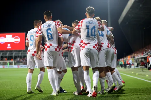 Rijeka, 08.09.2023 - Utakmica kvalifikacija za Europsko nogometno prvenstvo Euro 2024 izmeД'u reprezentacija Hrvatske i Latvije. Na slici slavlje igraДЌa reprezentacije Hrvatske.<br>foto HINA/ Damir SENДЊAR/ ml